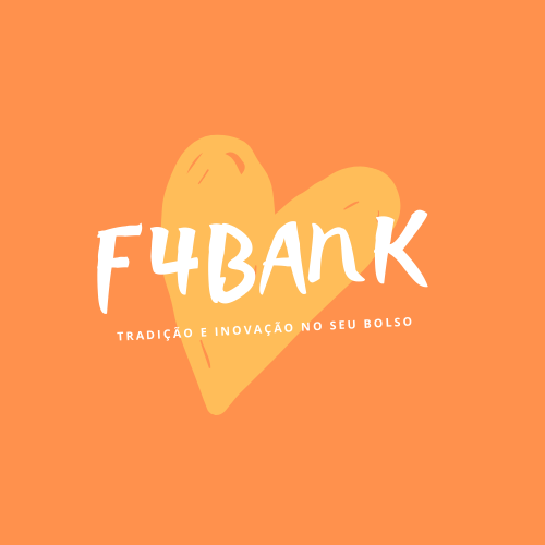 Logo com um coração de cor laranja escuro, com o nome F4Bank em branco e circulo de cor laranja ao fundo.